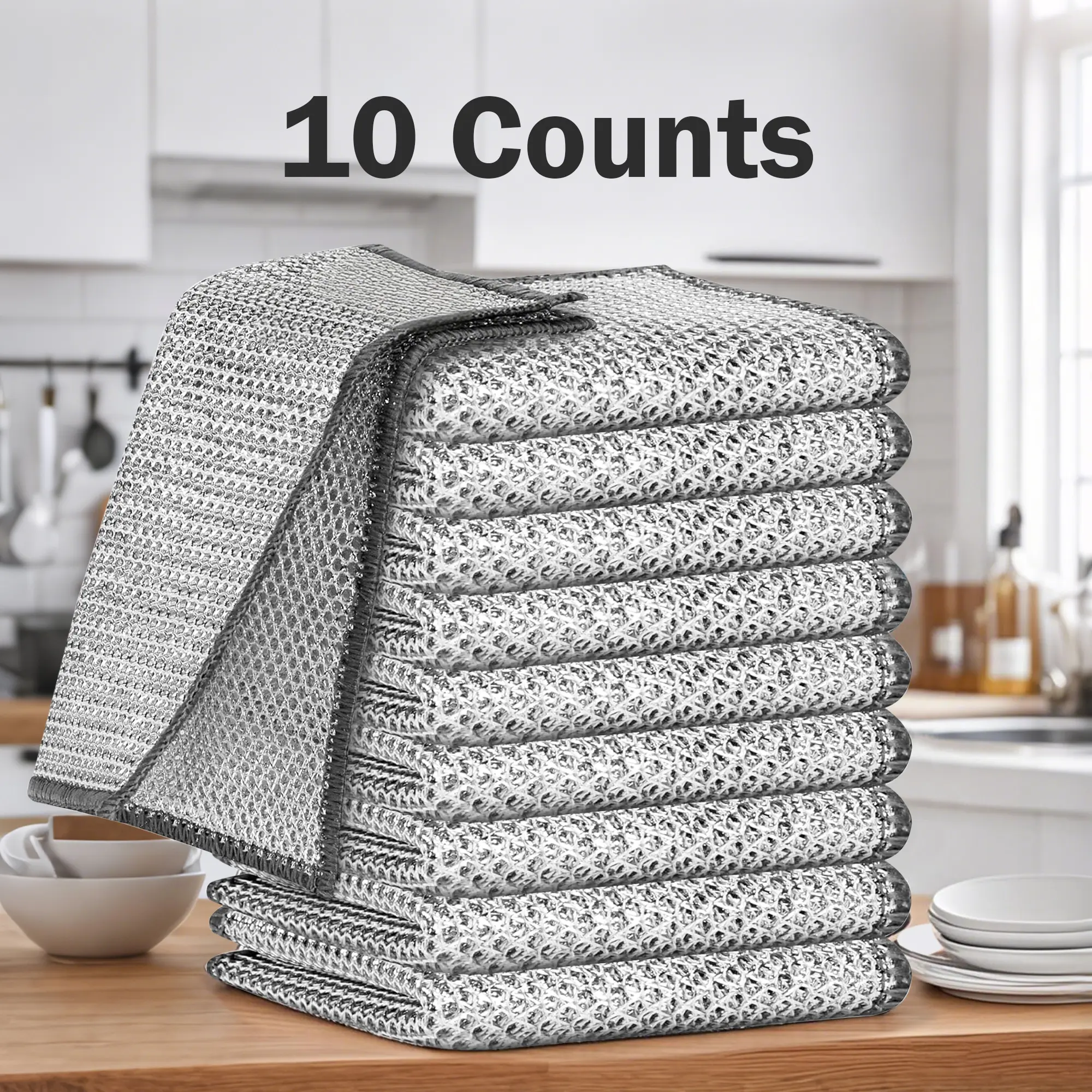 10-Count Metallic Dish Cloths, Non-Scratch Reusable Steel Mesh Rags for Home Supplies, Easy Clean Washable Household Cleaning Cloths for Pot, Garage, Cookware