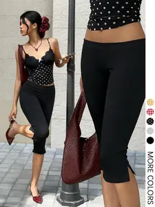 1 Pair Women's Side-Slit Capri Pants, Slim-Fit Black Cropped Leggings for Casual Chic & Street Style Outfits
