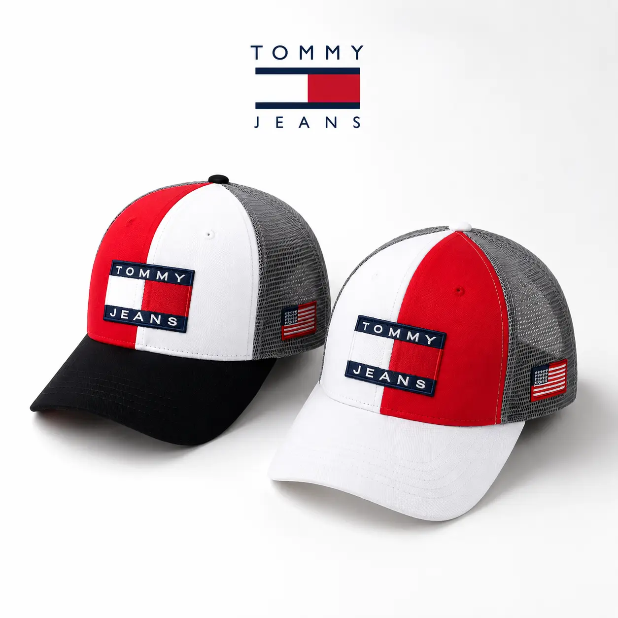 TommyJeans Trucker Hat for Men & Women. Classic red white design, breathable mesh back, adjustable fit and iconic style. Perfect baseball cap for streetwear, casual outfits, summer looks and everyday wear.