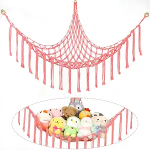 New Upgrade Stuffed Animal Hammock Corner, Hand-knitted Large Plushie Net Toy Hammock with Wooden Rings | Boho Cute Stuff Animal Storage for Nursery & Bedroom | Mesh Kids Toy Organizer Holder Nursery Room Decor