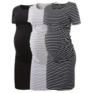 3pcs Maternity Dresses - Stretchy, Short Sleeve, Round Neck, Bodycon Style, No Belt, All-Season Wear for Pregnant Women, Casual | Stretchy Fabric Sleeveless Design, Pregnancy Clothes Postpartum Outfits