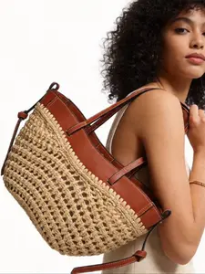 Fashion Leather Patchwork Crossbody Bag, Boho Crossbody Tote, Lightweight Woven Tote for Summer Beach, Women's Casual Handbag, Perfect Gift