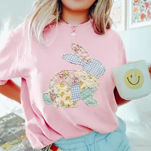 Coquette Patchwork Bunny Vintage Tee | Oversized Retro Easter Graphic Shirt