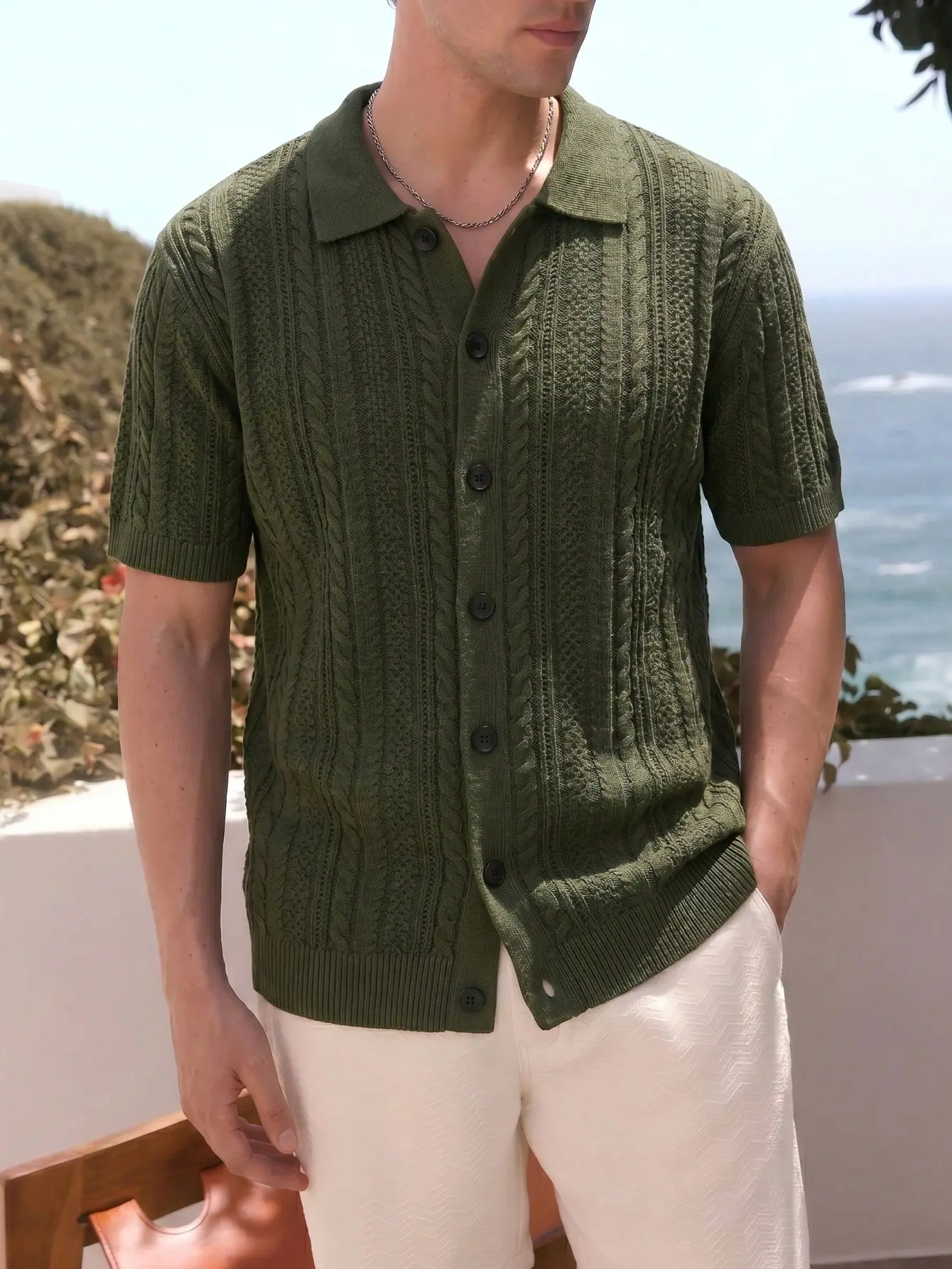Men's Spring/Summer Short-Sleeve Acrylic Cardigan - Polo Collar, Open-Front, Cable Stripes, Solid Color, Menswear, Business Commuter Casual Old Money Vibe, Shortsleeve