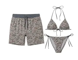 Grey Camo Couple Bikini Set – Sexy Triangle Tie Swimwear & Men’s Drawstring Beach Shorts, Summer Matching Outfit for Him & Her, Vacation Beachwear