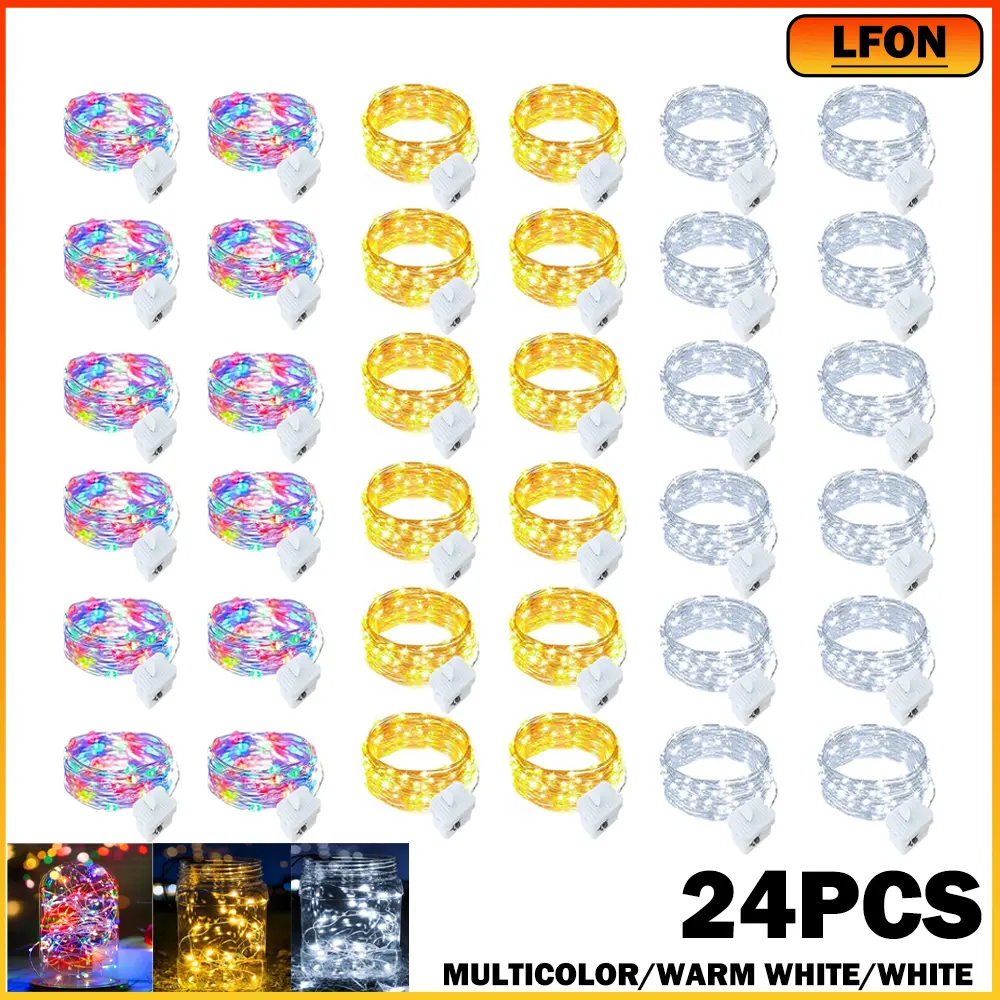 Lfon 24-Pcs Battery-Operated Fairy String Lights - 7-Foot Silver Wire, 20 Mini LED Bulbs, 3 Modes, Easy On-Off Button Control, Multi-Color Strips for Home Improvement, Wedding, Crafts, Bedroom Decor
