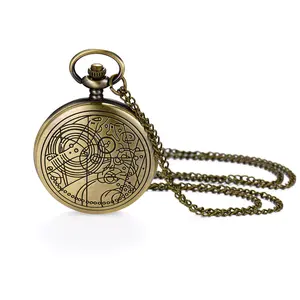 OIDEA Line-Engraved Pocket Watch - Quartz Antique Bronze Alloy Necklace Watch with Geometric Engraving Case, Numeral Dial, Velvet Pouch & Fob for Vintage Aesthetic Gifting