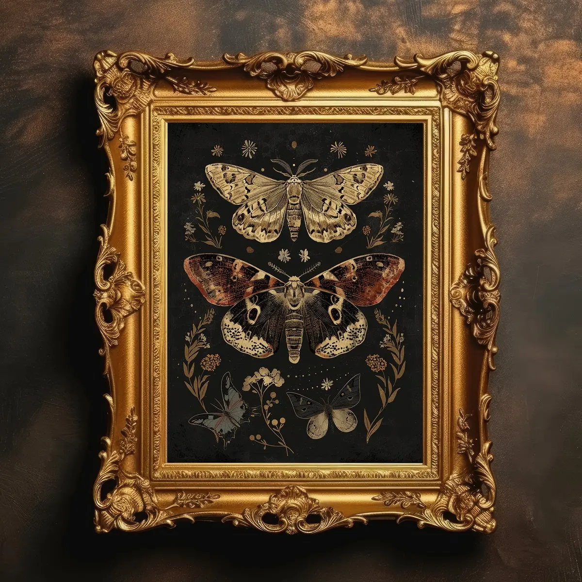 Moody Gothic Floral Wall Art Print, Dark Cottagecore Botanical Poster with Moths, Rustic Aesthetic, 5 Size, 8x12 to 27x40 inch, Room Decor, Unframed