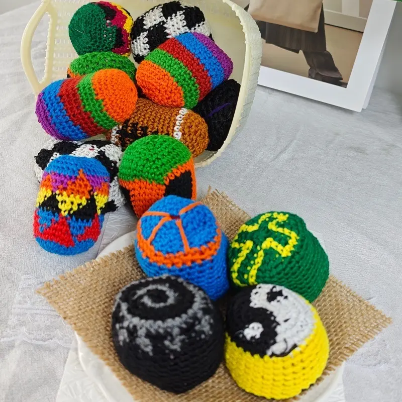 Handmade Crochet Hacky Sack Balls, Rainbow Striped Knit Fidget Balls, Soft Fabric Kick Sack Toy for Outdoor Play & Stress Relief