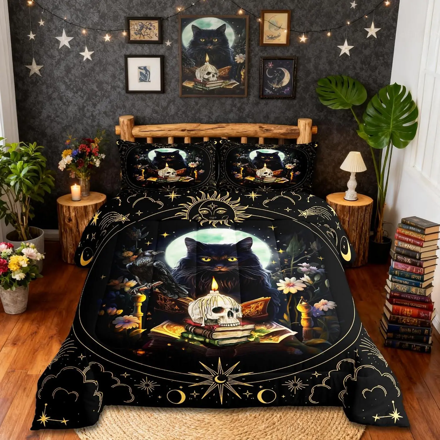 Feelyou Gothic Dark Fantasy Bed Comforter Set - Soft, Skin-Friendly Polyester Covered Blanket, Multi-Size Bedding Supplies with Trippy Cat, Sun-Moon, Sugar Skull Crow, Exotic Daisy Prints for Kids-Adult Room Decor, Skin Friendly Blanket, Soft Bed Blanket