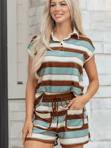 Button Polo Collar Tee Drawstring Elastic Waist Patchwork 2pcs Short Set, Designed With Classic Horizontal Stripes In A Comfortable, Loose Fit.