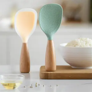 Silicone Spoon with Wooden Handle,Durable, Heat-Resistant Kitchen Spoon for Nonstick Pans and Cookers,1 Count Heat-insulation Heat-resistant Spoon for Rice Cooker, Practical Kitchen Tool for Home Restaurant,gift