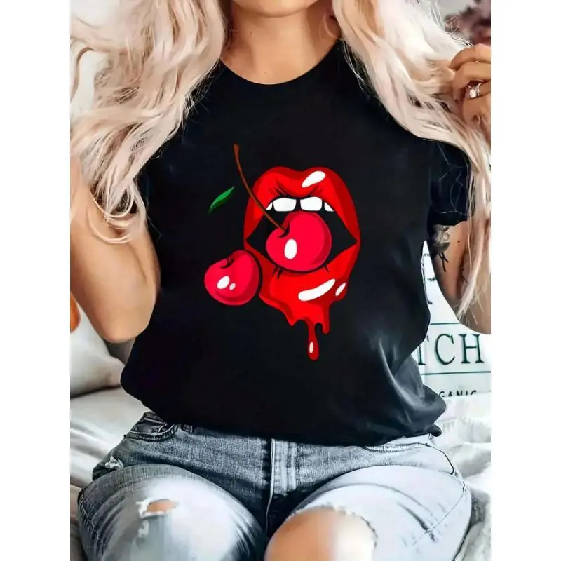 100% T Shirts Women Red Lips Cherries Vintage Retro Gift Printed T-Shirt For Summer