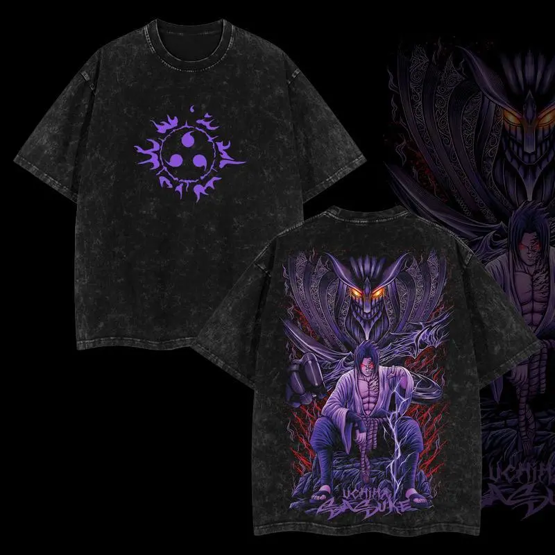 Men's Short-Sleeve Uchiha Sasuke "Uchiha Revenge" The Taka Naruto Edition Double-Printed Oversize Lightweight Acid-Washed Cotton Anime Graphic Tshirt, Unisex Streetwear Top