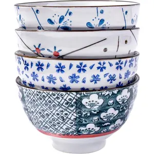Japanese Ceramic Rice Bowl Set of 4 Asian Porcelain Sushi Bowls for Soup Salad Snack