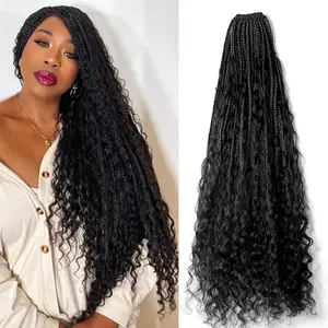 Boho Box Braids Crochet Hair with Human Hair Curls For Braiding Hair Pre-looped Box Braids With Human Hair Curly Ends Natural Color