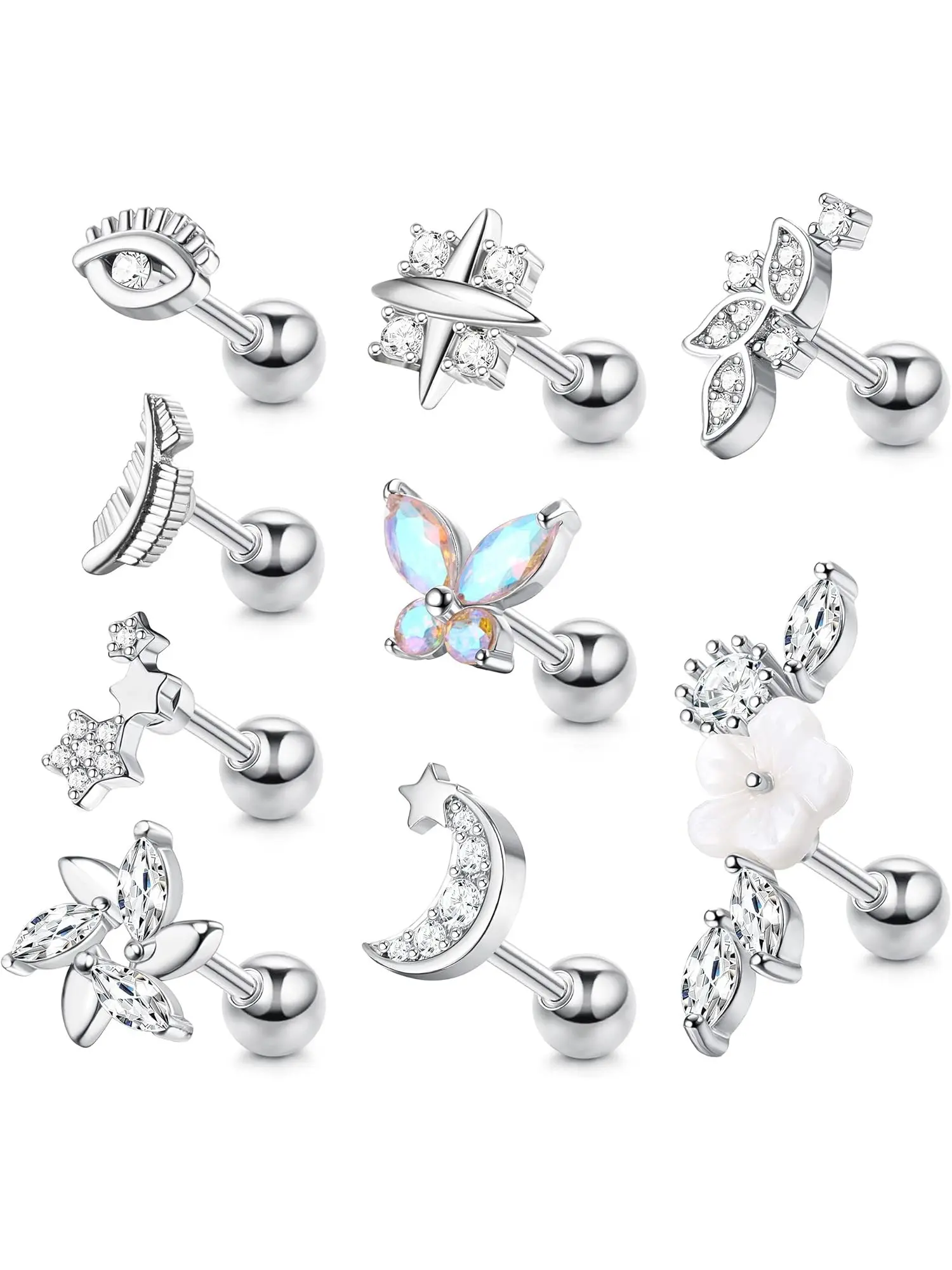 9Pcs 16G Stainless Steel Cartilage Earring Stud for Women Conch Tragus Helix Piercing Jewellery CZ Flower Butterfly Moon Leaf Barbell Stud Earrings Conch Helix Cartilage Earrings Set