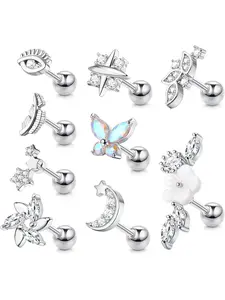 9Pcs 16G Stainless Steel Cartilage Earring Stud for Women Conch Tragus Helix Piercing Jewellery CZ Flower Butterfly Moon Leaf Barbell Stud Earrings Conch Helix Cartilage Earrings Set