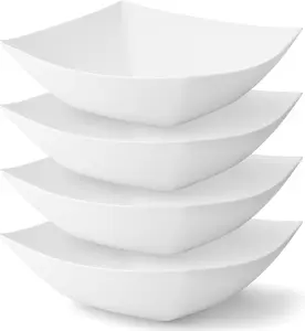 White Plastic Serving Bowls for Party (32oz - 4 Pack) Square Bowls, Disposable Chip Bowls, Candy Bowls for Party Table, Salad & Fruit Bowls for Party, Candy Containers for Candy Buffet