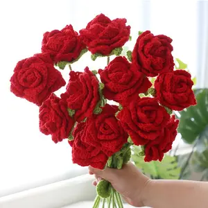 Hand-Woven Roses Crochet Rose Bouquet 10PCS Artificial Flowers for Valentine's Day Wedding Mothers Day Anniversary Birthday Decorative Gift
