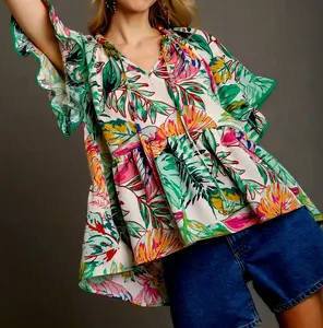 UMGEE SPLIT FRONT TIE V-NECK FLORAL FLUTTER BELL SLEEVE WITH RUFFLE TOP
