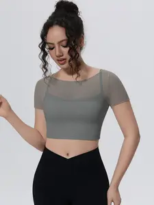 Women's Sporty Mesh Bra, Breathable Short Sleeve Fitness Top, High Stretch and Lifted Design, Ideal for Pilates Training