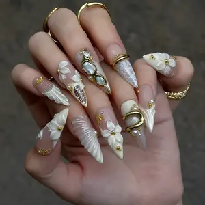 Luxury 3D Floral Press On Nails Long Stiletto Nude White Gold Pearl Handmade Fake Nails Reusable Acrylic Nails Bridal Wedding Glam Goth Y2K Salon Quality Nail Art Set for Women Girls Shimmer Gift