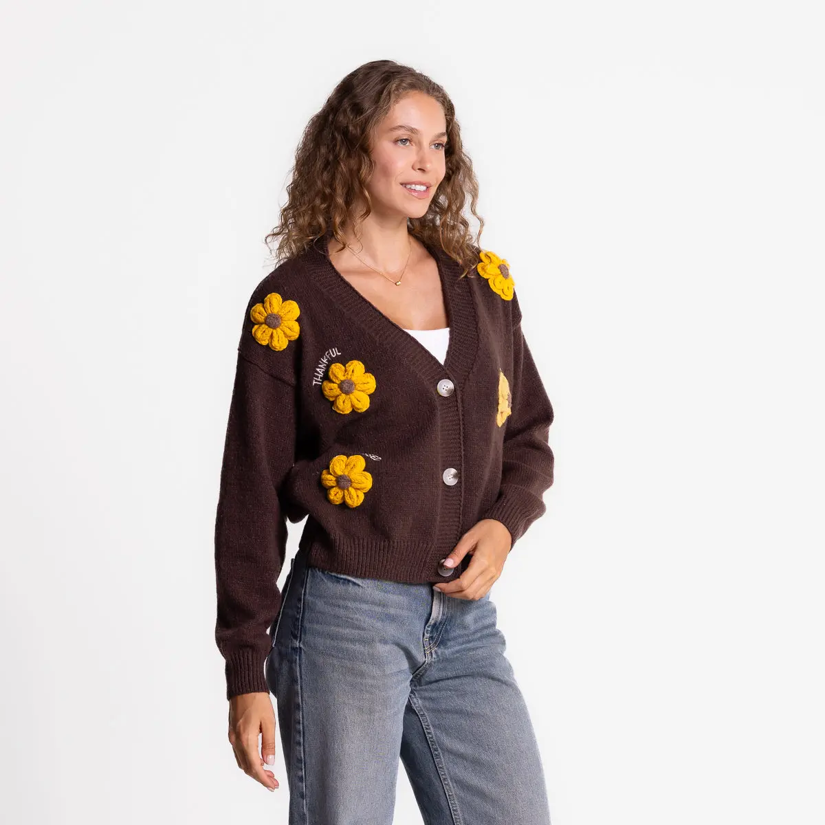 Thankful Grateful Blessed Sunflowers Embellished Cardigan