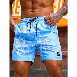 Men'S Palm Tree Print Drawstring Waist Beach Shorts, Hawaiian-Style Men'S Palm Tree Swim Trunks, Pink Palm Tree Swim Trunks, Neon Pink Men'S Swim Trunks, Bright Pink Men'S Swim Trunks