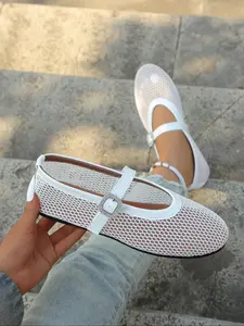 Women's Summer Breathable Mesh Mary Jane Ballet Flats, Square Toe Slip-On Casual Shoes, Lightweight Comfortable Rubber Sole