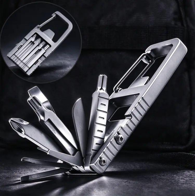 Jotutus 12-in-1 Compact All Metal Multi-Tool Kit Keychain - Durable Outdoor EDC Handheld Gear with Needle-Nose Pliers, Screwdriver, Bottle Opener, Phone Holder, Sheet Metal Tool, Easy to Carry, Secure Attachment for Camping, Car Repair