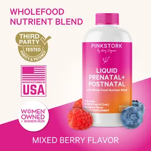 Pink Stork Liquid Prenatal + Postnatal Multivitamin for Women Berry Flavor 1 Month Supply Organic Natural Supplement with Prebiotics & Probiotics