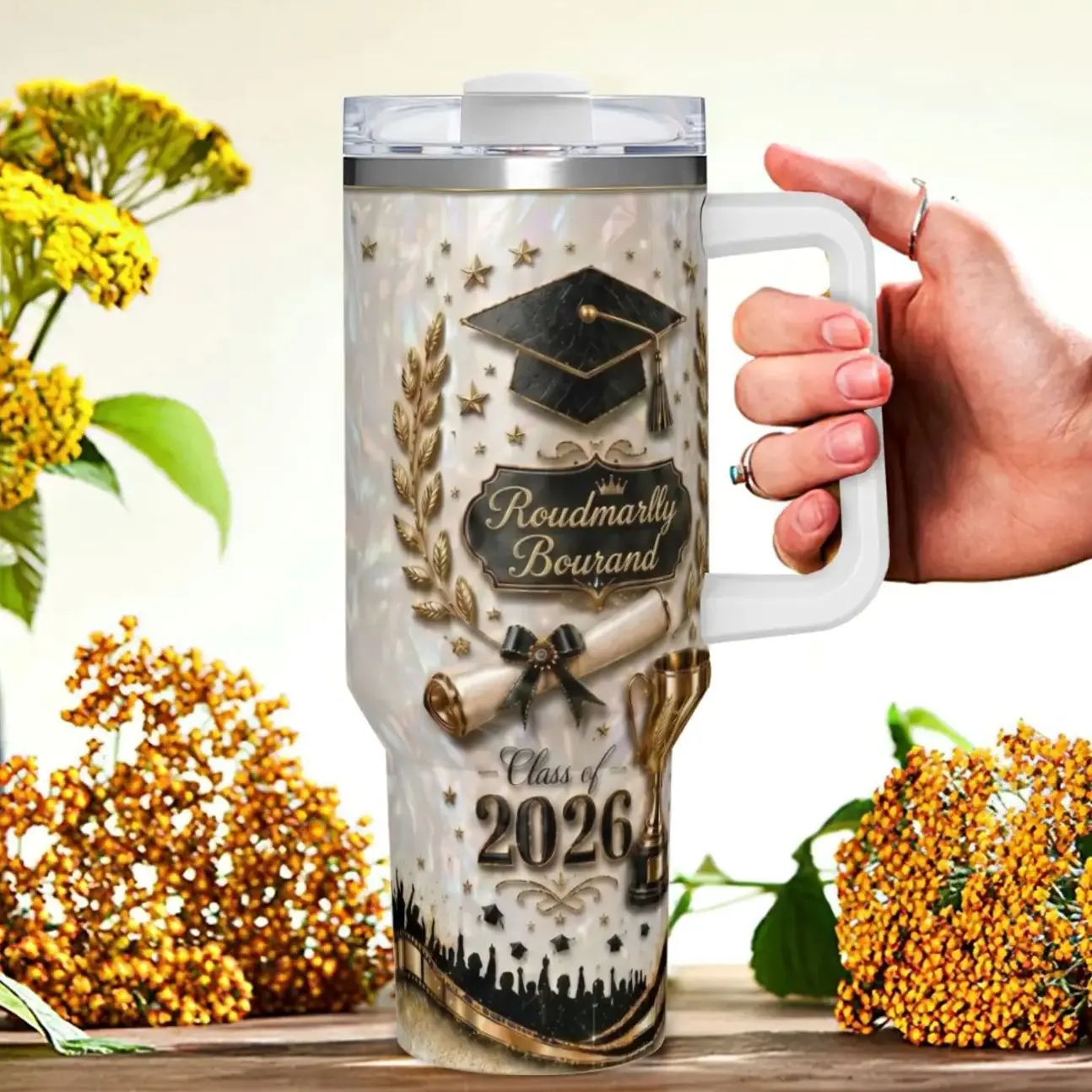 Graduation Cap Tumbler with Iridescent Pearl Finish and Laurel Trophy Diploma Graphic, Insulated Travel Mug with Anti-Slip Handle for Daily Commute and Grad Gift Season