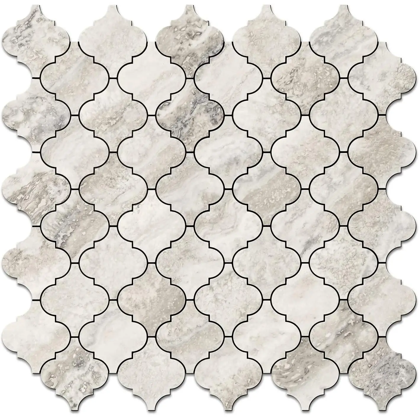 Beige Marble-Look PVC-Vinyl Mixed Metal Arabesque Peel-and-Stick Backsplash Mosaic Tiles, 10 Sheets for Kitchen & Bathroom Wall Trim