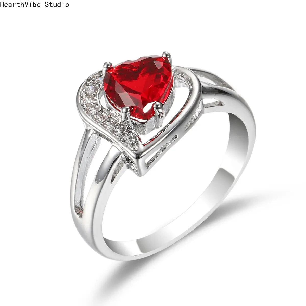 Women's 925 Sterling Silver Heart Shaped Ring - Red Zircon Promise Ring, Simple Fine Statement Jewelry Gift for Sports & Outdoor Accessories Enthusiasts
