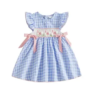 Toddler Girl Easter Dress Rabbit Embroidery Plaid Print Flying Sleeve Crew Neck Bow Decor A-Line Cute Spring Outfit 6M-4T