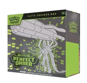 Pokémon Elite Trainer Box Mega Evolution Perfect Order ETB with 9 Booster Packs 1 Tyrunt Promo Card 65 Sleeves 40 Energy Cards