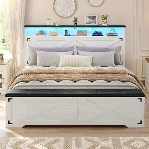 Queen Size Farmhouse Bed Frame with Storage Ottoman, Charging Station and LED Light, Headboard with Storage Rack, Metal Slats, No Noise Design, No Box Spring Needed