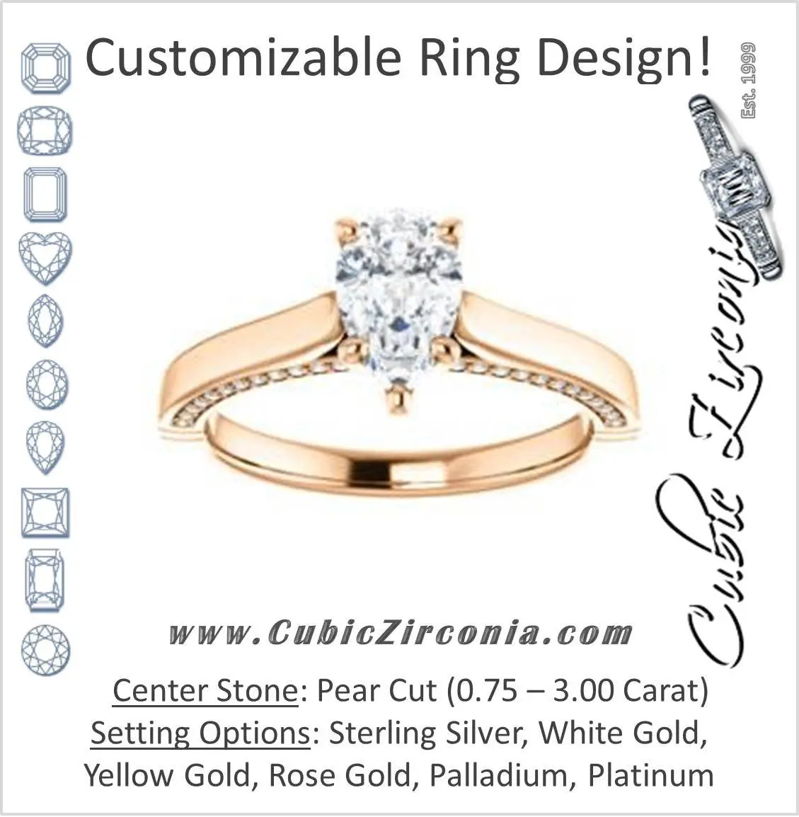 Cubic Zirconia Engagement Ring- The Tonja (Customizable Pear Cut Semi-Solitaire with Dual Three-sided Pavé Band)