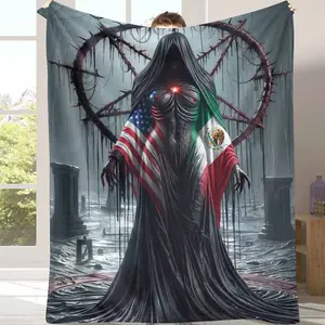 Dark Gothic Goddess Flannel Blanket Mystical American and Mexican Flag Print Design Soft Warm Lightweight Microplush Perfect for Bedroom Decor Halloween Party Artistic Gift Cozy Sofa or Lounge Use