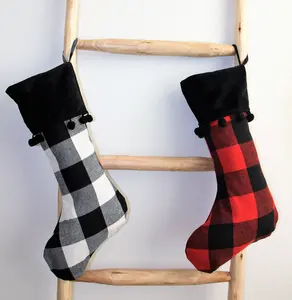 Buffalo Plaid Christmas Stockings - Holiday Décor – handmade Premium Cotton Blend & Velvet Border with Pom Pom Design, Decoration Round Flannel Decor