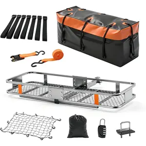 Folding Hitch Mount Cargo Carrier Basket 60x21x6 with 16 Cubic Feet Waterproof Luggage Bag, 500 lbs Capacity Heavy Duty Steel, Includes Hitch Stabilizer, Straps, Net, Angled Shank for SUV Truck Minivan
