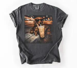 Comfort Colors Funny Dachshund Drinking Iced Coffee T-Shirt, Vintage Dogs Shirt, Wiener Dog Tee, Sausage Dog Unisex Tee, Dog Lover Shirt