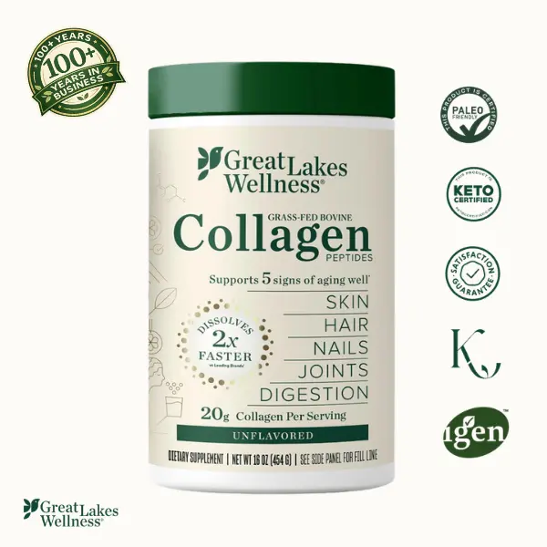 Great Lakes Wellness Collagen Peptides Powder – Supports Skin, Hair, Nails, Joints & Digestion – Hydrolyzed, Quick Dissolve, Non-GMO, Keto & Kosher – Pure Collagen Protein (16 oz, 22 Servings)