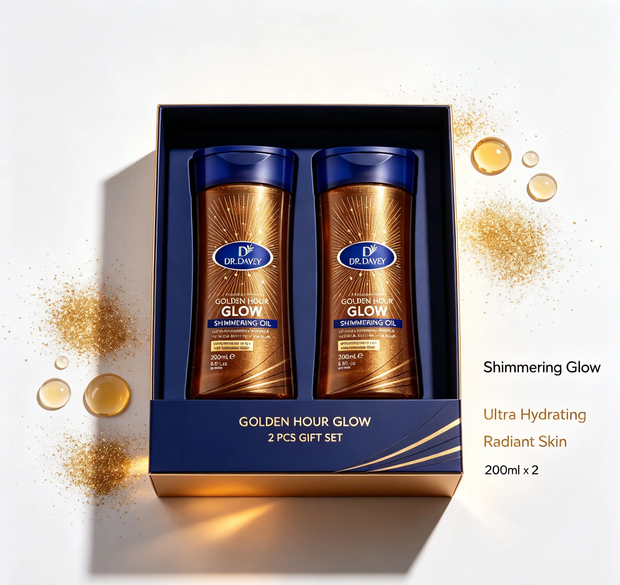 2 x 200ml DR.DAVEY Golden Hour Glow Shimmering Body Oil - Cocoa Butter & Vanilla Infused, Soothing Body Care Cosmetic Makeup Oil for Radiant Skin (400ml Total) Daily