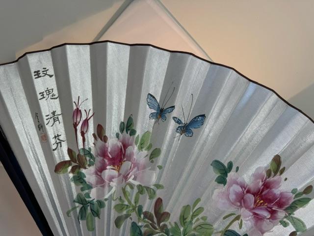 26" Oriental Hand Painted Wooden Silk Fan Decor Wall