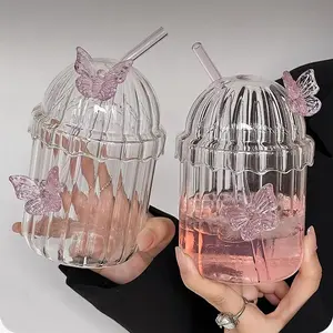 DOTOCOOK 1/2 Counts Pink 3D Butterfly Glass Bottle Tumbler with Lid & Straw – Heat-Resistant Cup for Iced Coffee, Bubble Tea & Cocktails, Perfect for Valentine’s Day, Bridal Showers & Birthday Parties, Home/Office/Outdoor Use, Drinkware