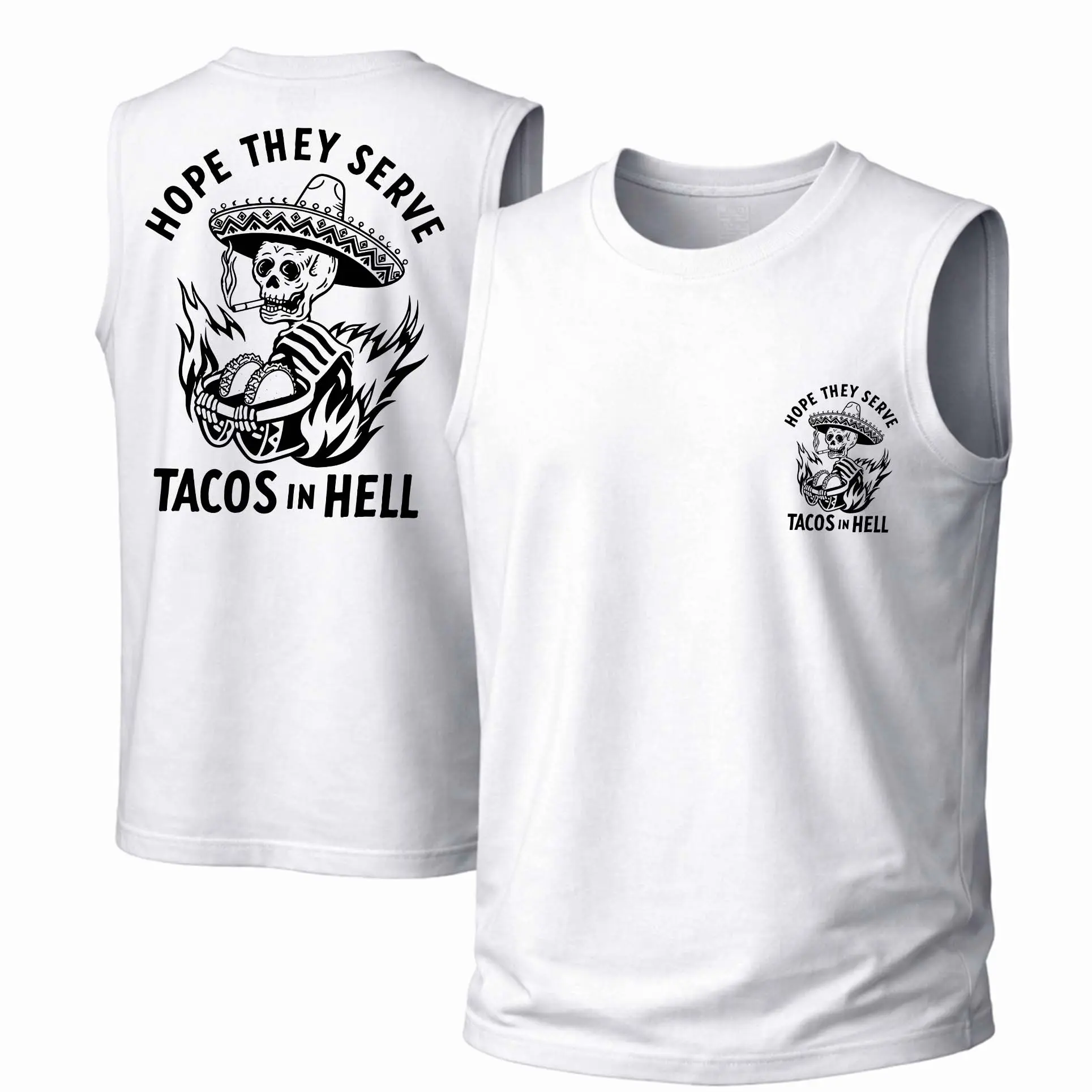Women's "Tacos in Hell" Graphic Tank Top, Loose Fit Streetwear Style in Soft Cotton, Casual Sleeveless Outdoor Tee, Unisex, Breathable, Crew Neck, Round Neck, Vibrant, Fabric, Airy Cotton For Hot Days, Clothes