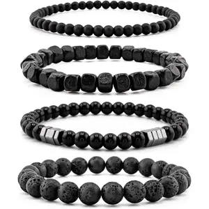 Men's Natural Stone Bracelet Set - Matte Agate & Lava Rock - Adjustable Gift for Men, Birthday, Anniversary, Christmas Obsidian Black Bangle Chain Jewelry