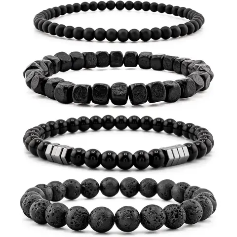 Men's 4-Piece Beaded Bangles Bracelets Set - Adjustable Slider, 4mm/6mm Natural Stones, 4 Stone Textures, Matte Agate, Volcanic Rock, Casual Nature-Inspired 6-12in Unisex Jewelry for Father's Day Everyday Wear